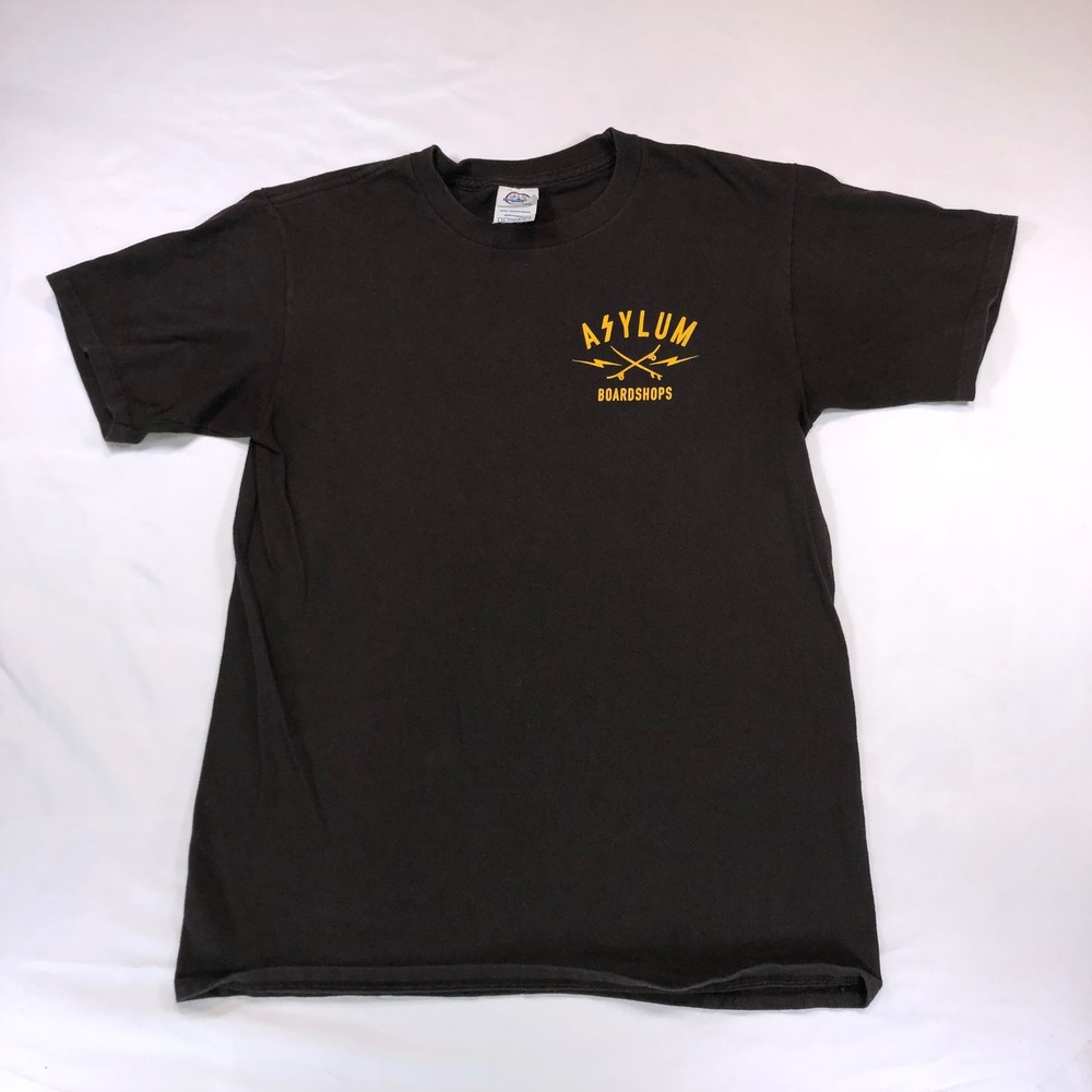 Asylum Boardshops Oceanside CA Graphic T-Shirt Mens Small Black Yellow Skate